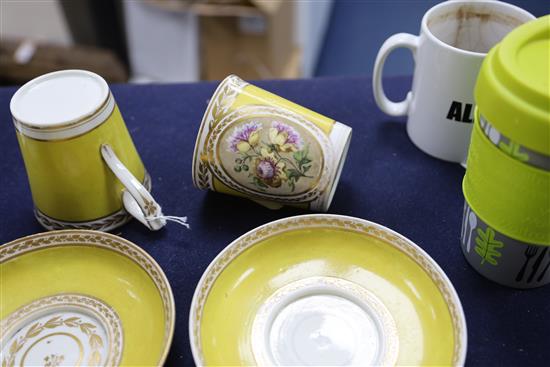 A pair of Derby Pinxton/Mansfield porcelain chocolate cups and saucers, c.1790-1800, cup 8.7cm high, saucer 14.2cm diameter